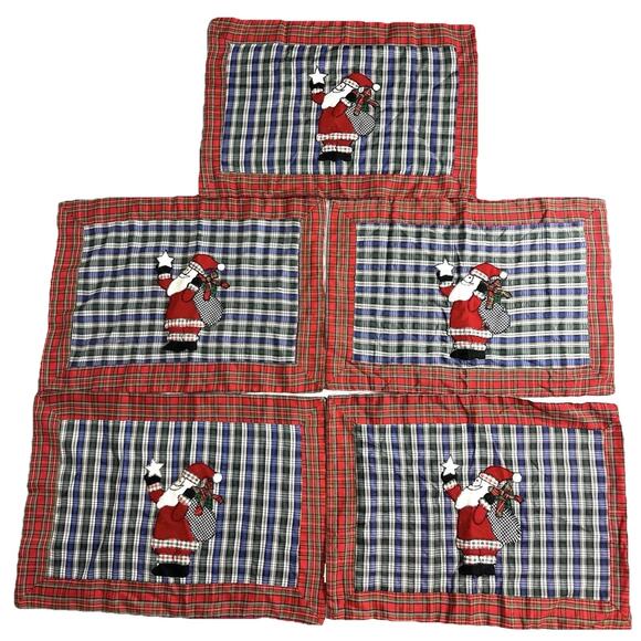 Set of 5 Plaid Santa Claus Christmas Placemats 18x14” Country Holiday Decor - Picture 1 of 6